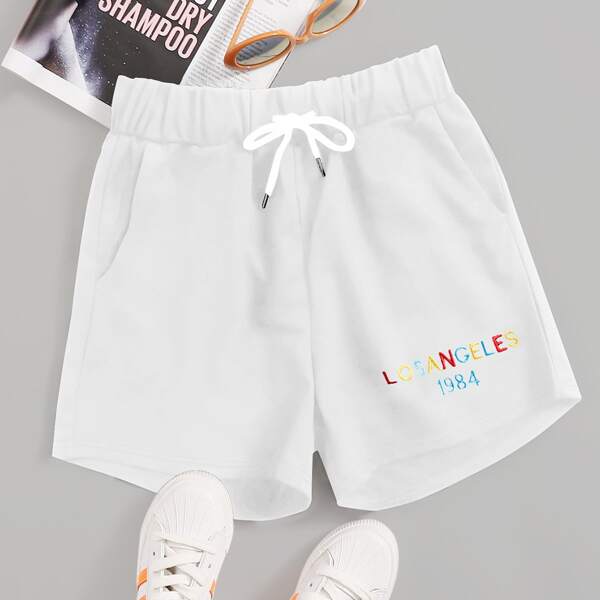 

Plus Letter Embroidery Drawstring Track Shorts, White