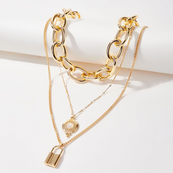 

Lock Charm Layered Necklace, Gold