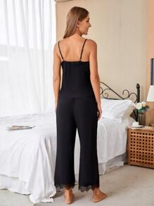 Lace Trim Cami Top & Trousers PJ Set - Black - View 2