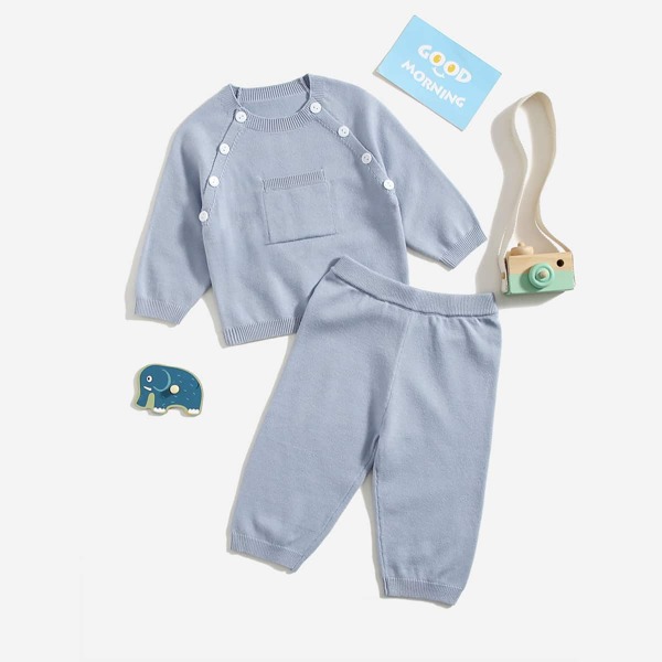 

Baby Button Detail Raglan Sleeve Sweater & Knit Pants, Dusty blue