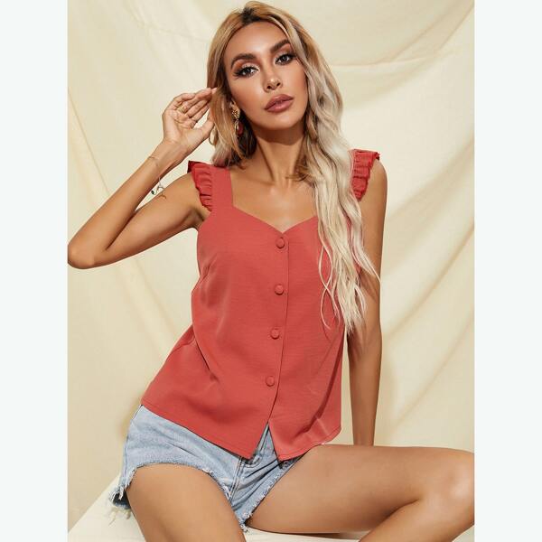 

Solid Sweetheart Neck Ruffle Trim Top, Rusty rose