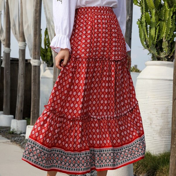 

Argyle Print Frill Trim Skirt, Red