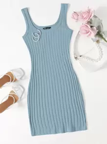 SHEIN Essnce Rib-knit Bodycon Dress - Dusty Blue - View 1