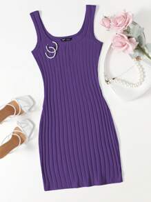 SHEIN Essnce Rib-knit Bodycon Dress - Purple - View 1