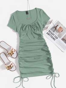 SHEIN EZwear 抽褶抽繩包臀洋裝 - 綠色 - 查看 1
