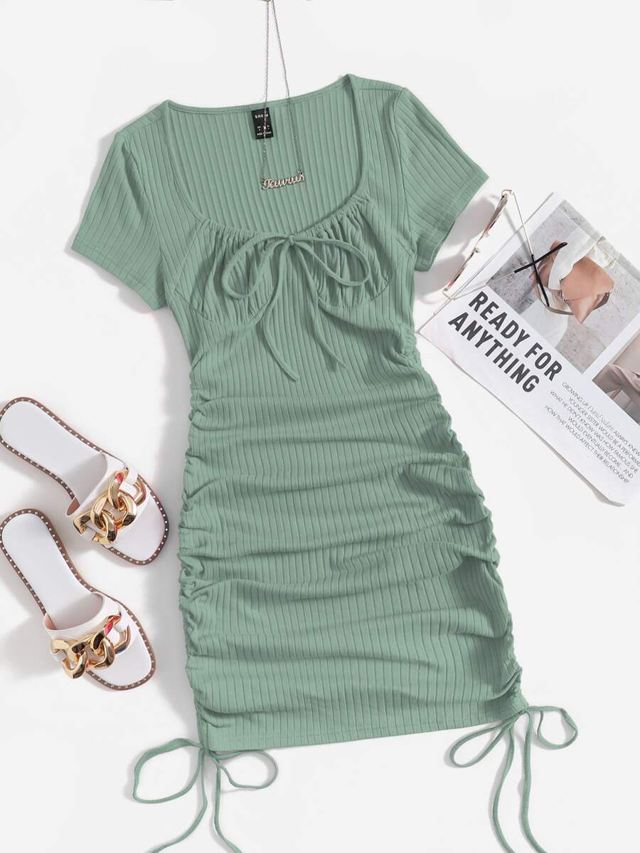 SHEIN EZwear 抽褶抽繩包臀洋裝 - 綠色 - 查看 1