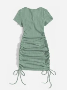 SHEIN EZwear 抽褶抽繩包臀洋裝 - 綠色 - 查看 2