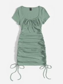 SHEIN EZwear 抽褶抽繩包臀洋裝 - 綠色 - 查看 3