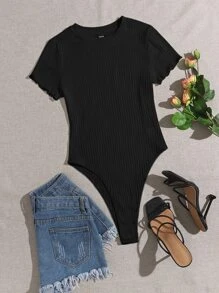 SHEIN EZwear Lettuce Trim Rib-knit Tee Bodysuit - Black - View 6