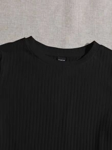 SHEIN EZwear Lettuce Trim Rib-knit Tee Bodysuit - Black - View 5