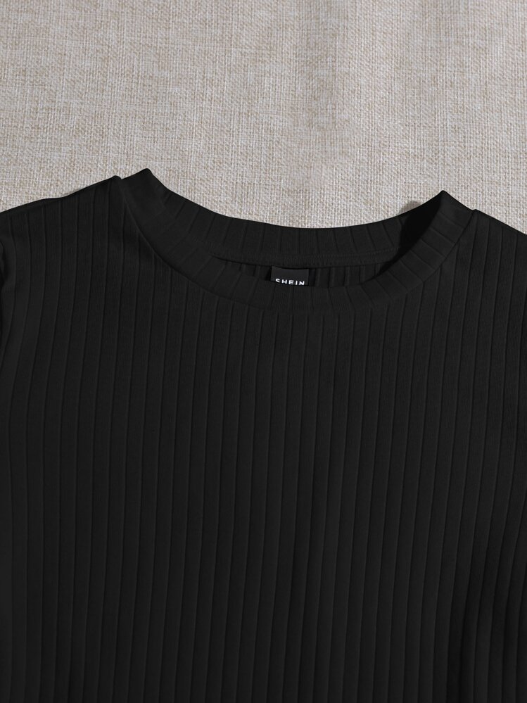 SHEIN EZwear Lettuce Trim Rib-knit Tee Bodysuit - Black - View 5