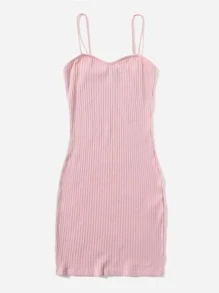 SHEIN EZwear Rib-knit Solid Bodycon Dress - Baby Pink - View 4