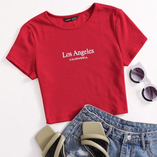 

Letter Graphic Rib-knit Tee, Red