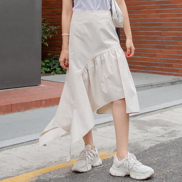 

Solid Zipper Back Asymmetrical Skirt, Khaki