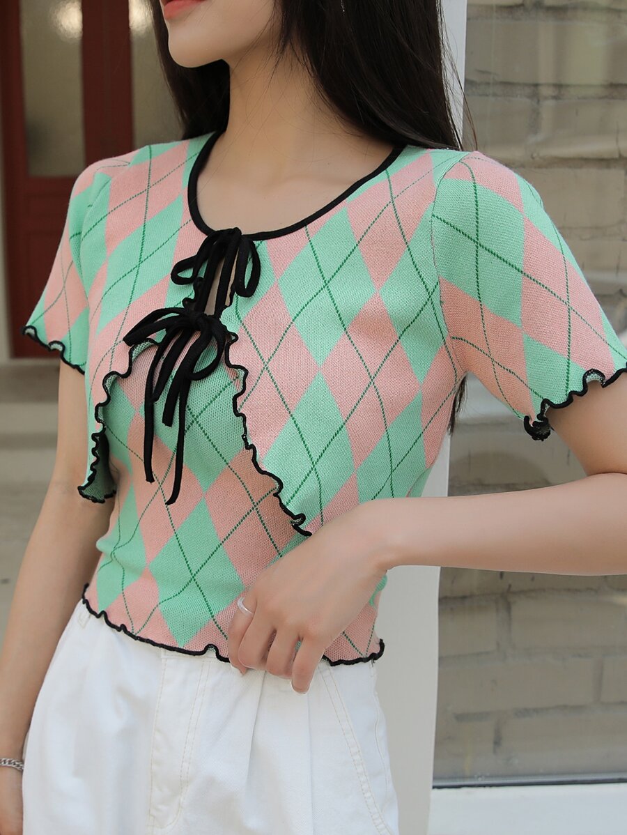 DAZY Argyle Pattern Lettuce Trim Tie Neck Top - Multicolor - View 1