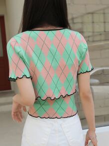 DAZY Argyle Pattern Lettuce Trim Tie Neck Top - Multicolor - View 2