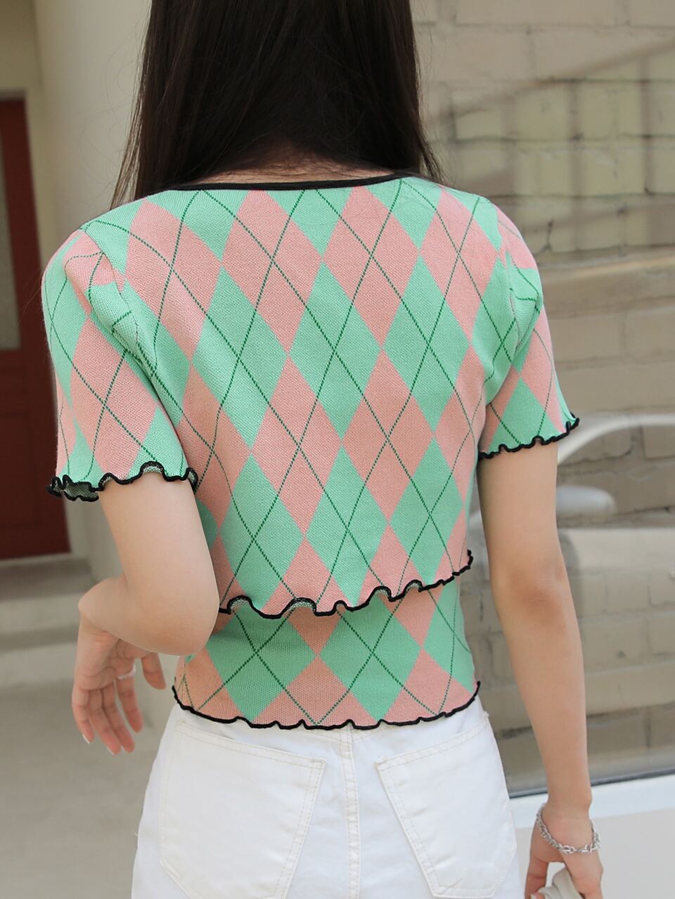 Argyle Pattern Lettuce Trim Tie Neck Top