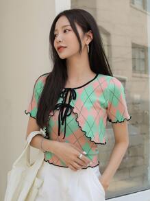 DAZY Argyle Pattern Lettuce Trim Tie Neck Top - Multicolor - View 3
