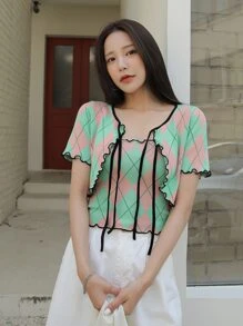 DAZY Argyle Pattern Lettuce Trim Tie Neck Top - Multicolor - View 4