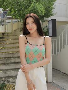 DAZY Argyle Pattern Lettuce Trim Tie Neck Top - Multicolor - View 5