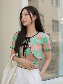 DAZY Argyle Pattern Lettuce Trim Tie Neck Top - Multicolor - View 6