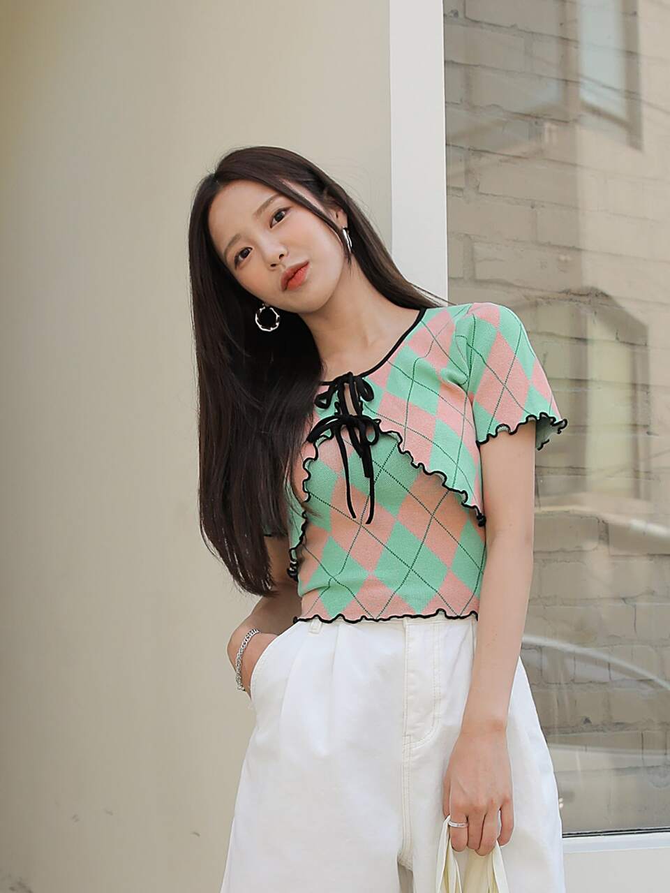 Argyle Pattern Lettuce Trim Tie Neck Top
