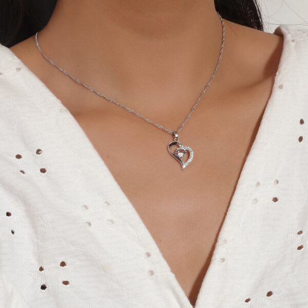 

Zircon Heart Charm Necklace, Silver