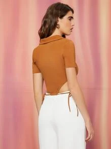 SHEIN Unity 素色側打結鏤空短款T恤