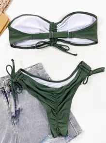 SHEIN Swim Summer Beach Ruched Bikini Set Bandeau Bra & Scrunch Butt High Cut Bottom 2 Piece Bathing Suit - Dark Green - View 3