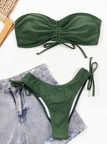 SHEIN Swim Summer Beach Ruched Bikini Set Bandeau Bra & Scrunch Butt High Cut Bottom 2 Piece Bathing Suit - Dark Green - View 5