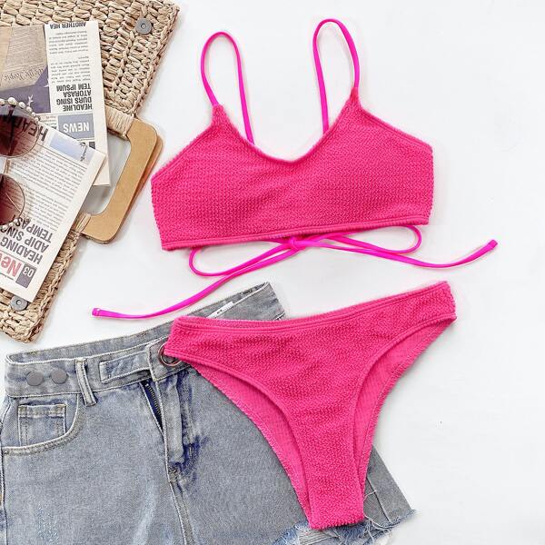 

Textured Tie Back Bikini Swimsuit, Hot pink