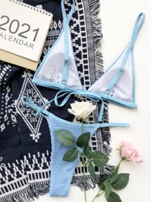 Bikini de tanga con micro triángulos texturados - Celeste - Ver 2