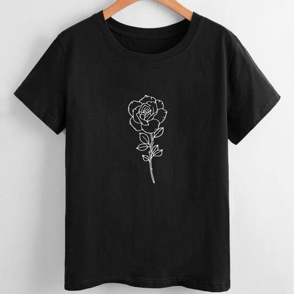 

Solid Floral Print Tee, Black