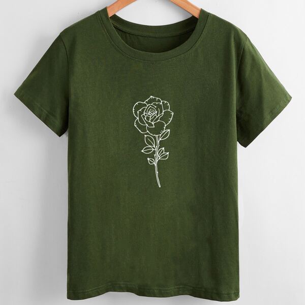 

Solid Floral Print Tee, Army green