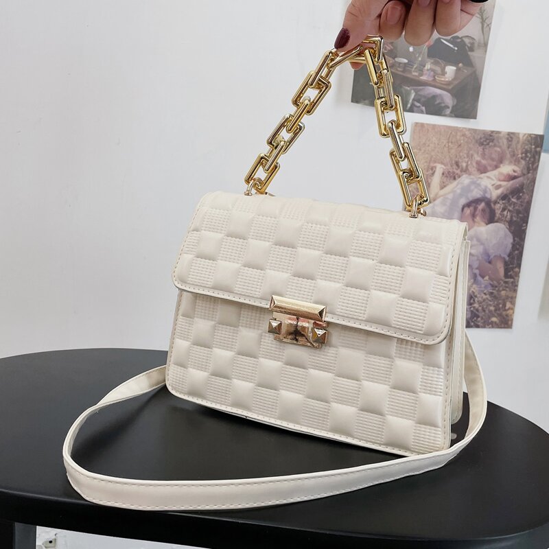 

Chain Decor Quilted Square Bag, White