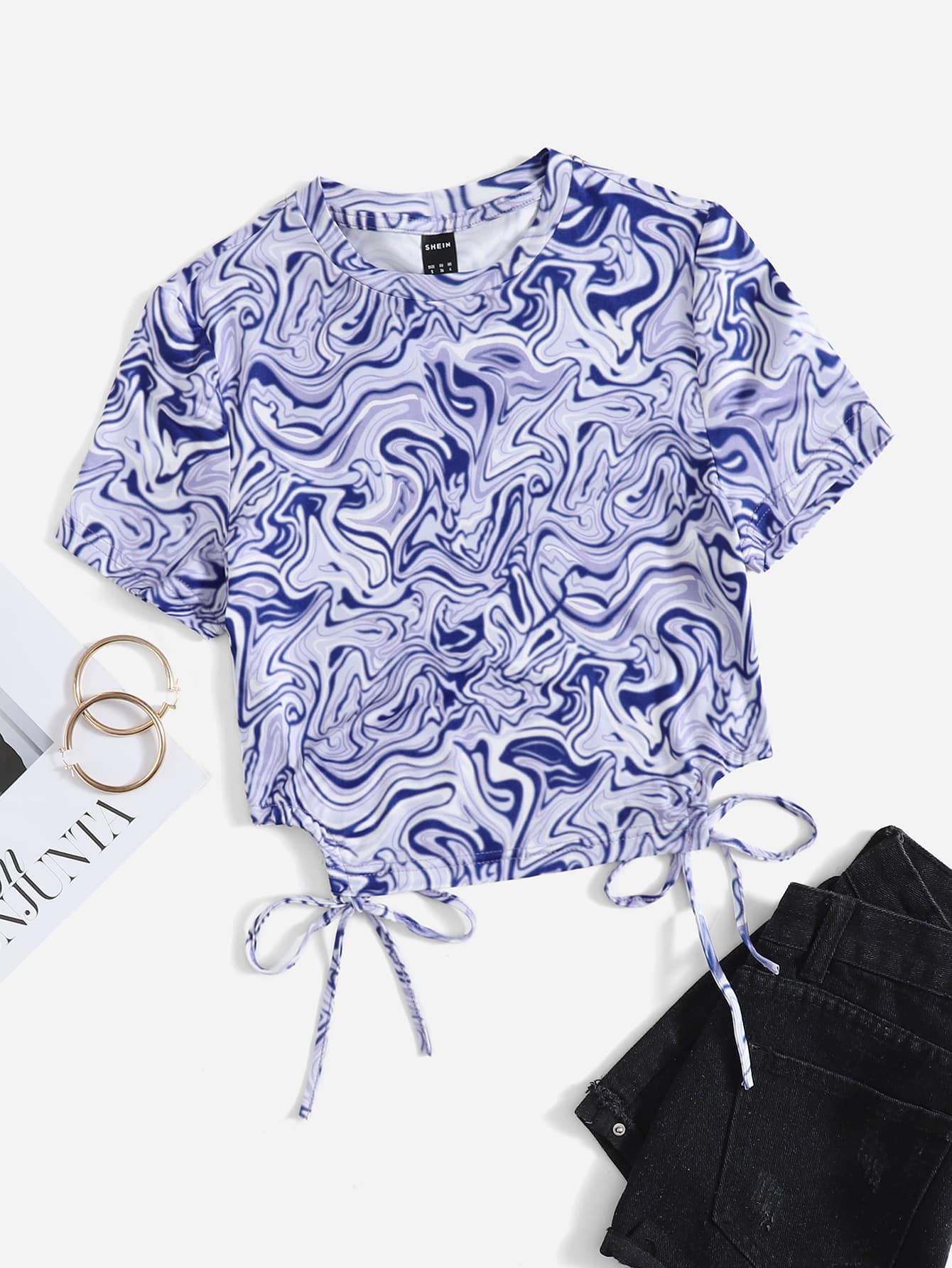 SHEIN Camiseta con estampado de mármol bajo con nudo - Multicolor - Ver 1