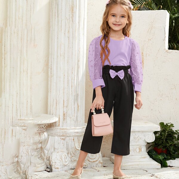 

Toddler Girls Dobby Mesh Puff Sleeve Blouse & Bow Front Pants, Multicolor
