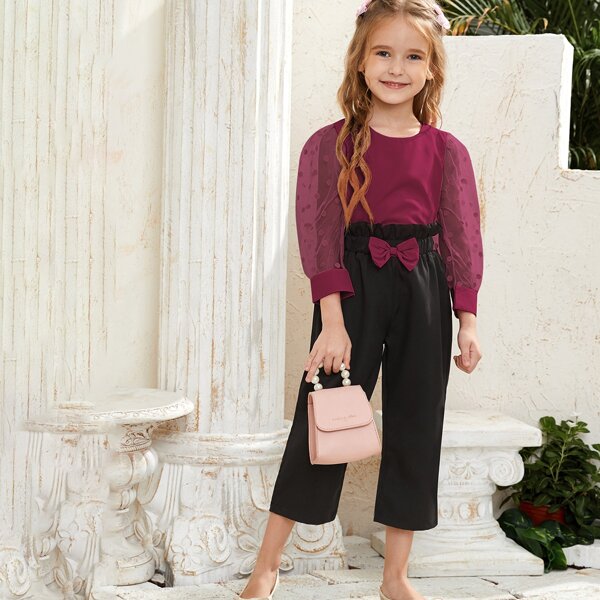 

Toddler Girls Dobby Mesh Puff Sleeve Blouse & Bow Front Pants, Multicolor