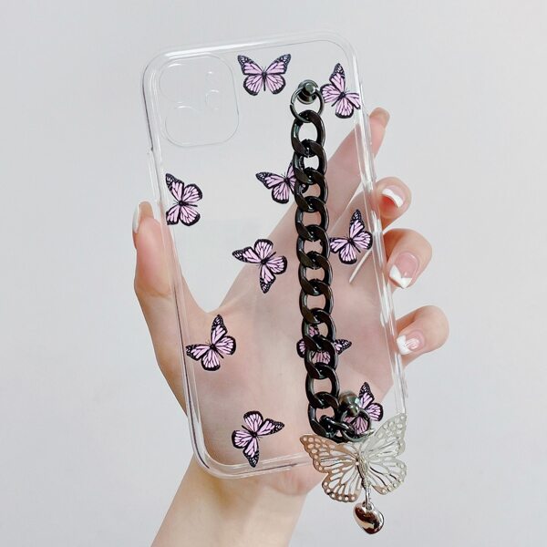 

Butterfly Pattern Chain Hand Strap Phone Case, Clear