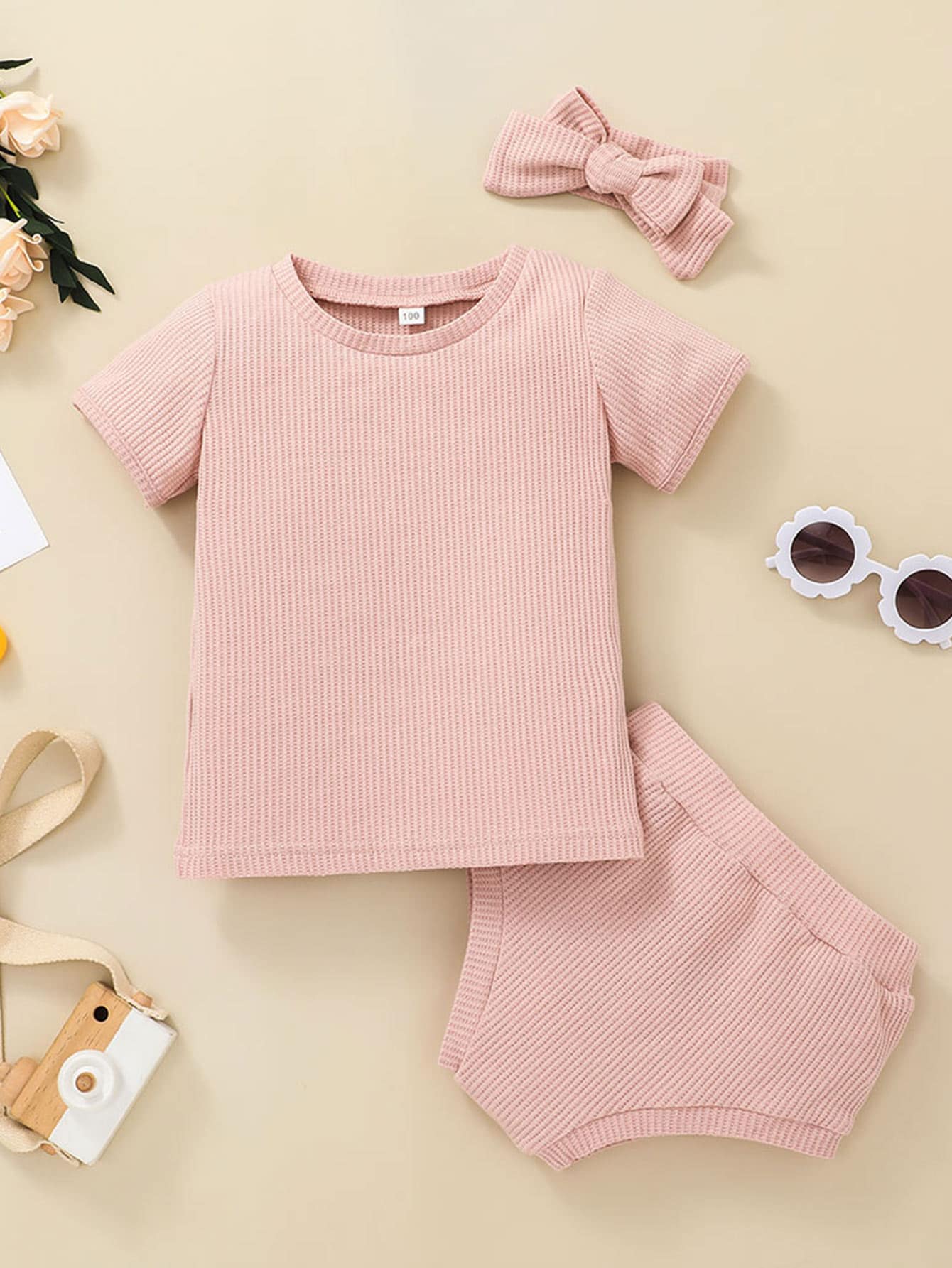 Camiseta tejida de canalé con shorts con diadema - Rosa - Ver 1