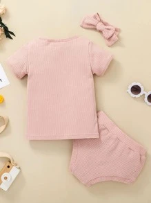 Camiseta tejida de canalé con shorts con diadema - Rosa - Ver 2