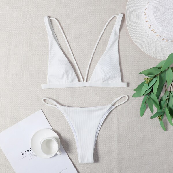 

Solid Rib Thong Bikini Swimsuit, White