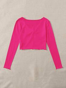 SHEIN Qutie Top neón rosado ribete en forma de lechuga pecho con fruncido unicolor