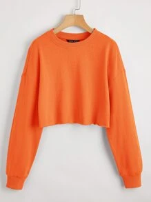 SHEIN BASICS Neon Orange Drop Shoulder Raw Hem Crop Pullover - Orange - View 1