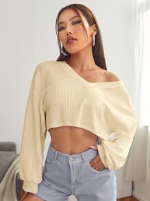 SHEIN EZwear V-neck Drop Shoulder Rib-knit Crop Tee - Apricot - View 1