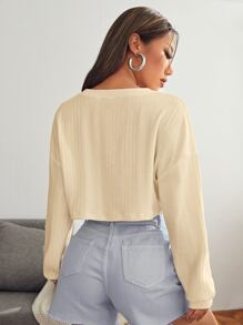 SHEIN EZwear V-neck Drop Shoulder Rib-knit Crop Tee - Apricot - View 2