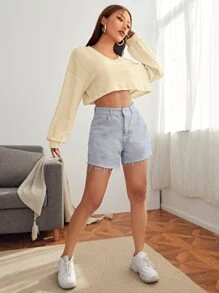 SHEIN EZwear V-neck Drop Shoulder Rib-knit Crop Tee - Apricot - View 3