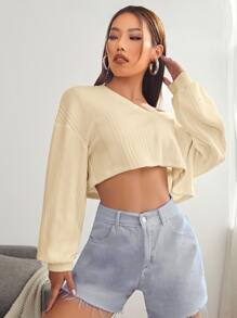 SHEIN EZwear V-neck Drop Shoulder Rib-knit Crop Tee - Apricot - View 4
