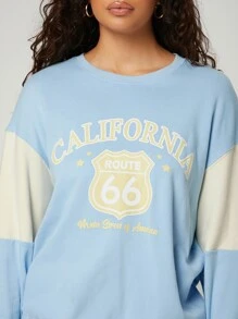 SHEIN 字母和數字圖案拼接面運動衫 - 淺藍色 - 查看 4