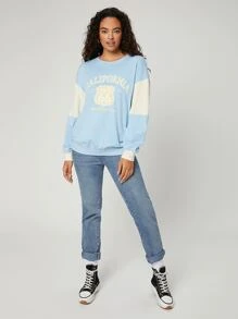 SHEIN 字母和數字圖案拼接面運動衫 - 淺藍色 - 查看 6